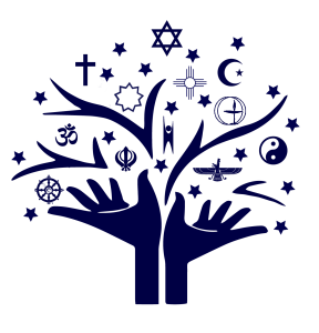 Logo with hands reaching up as if wrists were the trunk of a tree and fingers spreading out like limbs, and then branches with stars and religious symbols scattered as leaves